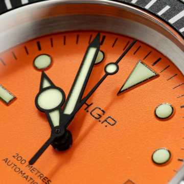 Foto Quadrante Orologio HGP Subacqueo Automatico Diver 200 M Arancione Rubber
