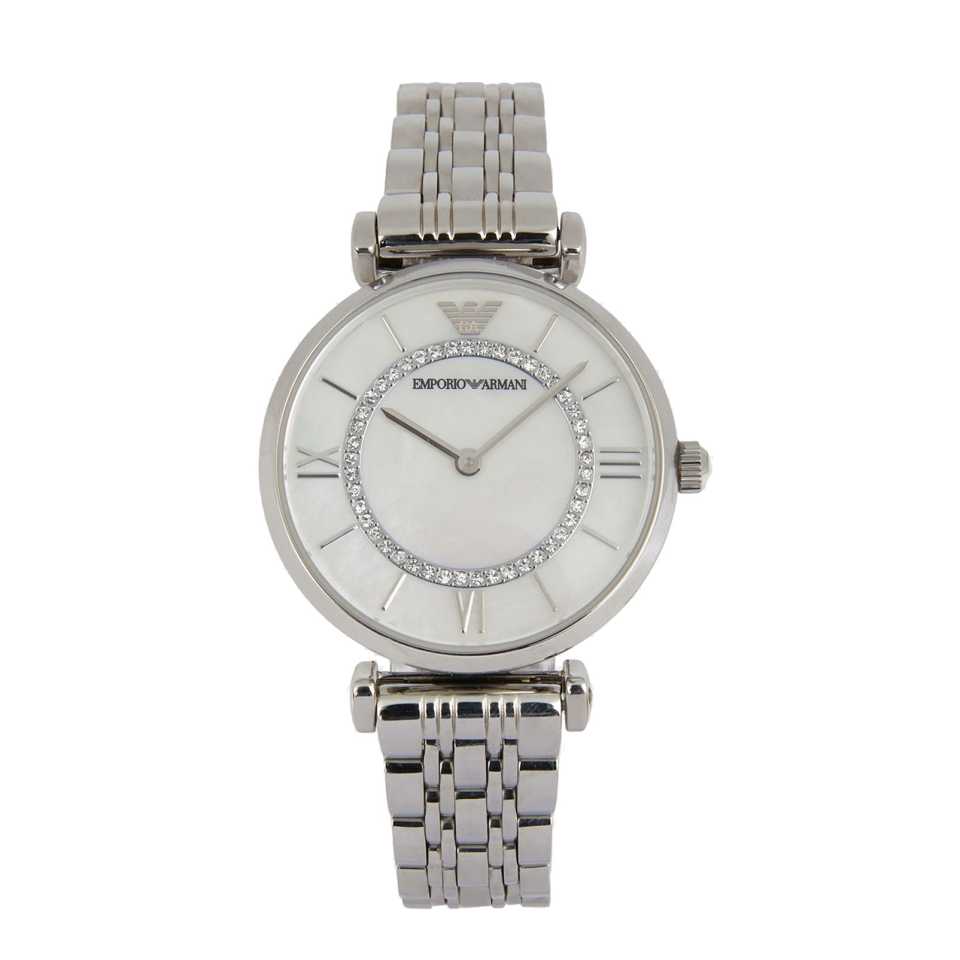 EMPORIO ARMANI - OROLOGIO IN ACCIAIO INOX CON CRISTALLI DECORATIVI E CINTURINO A MAGLIE