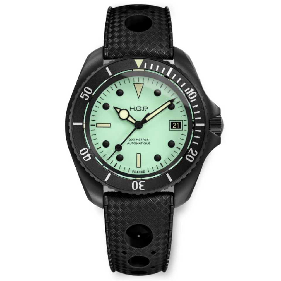 HGP - OROLOGIO SUBACQUEO AUTOMATICO NIGHT DIVER 200 M FULL LUME PVD NERO GOMMA