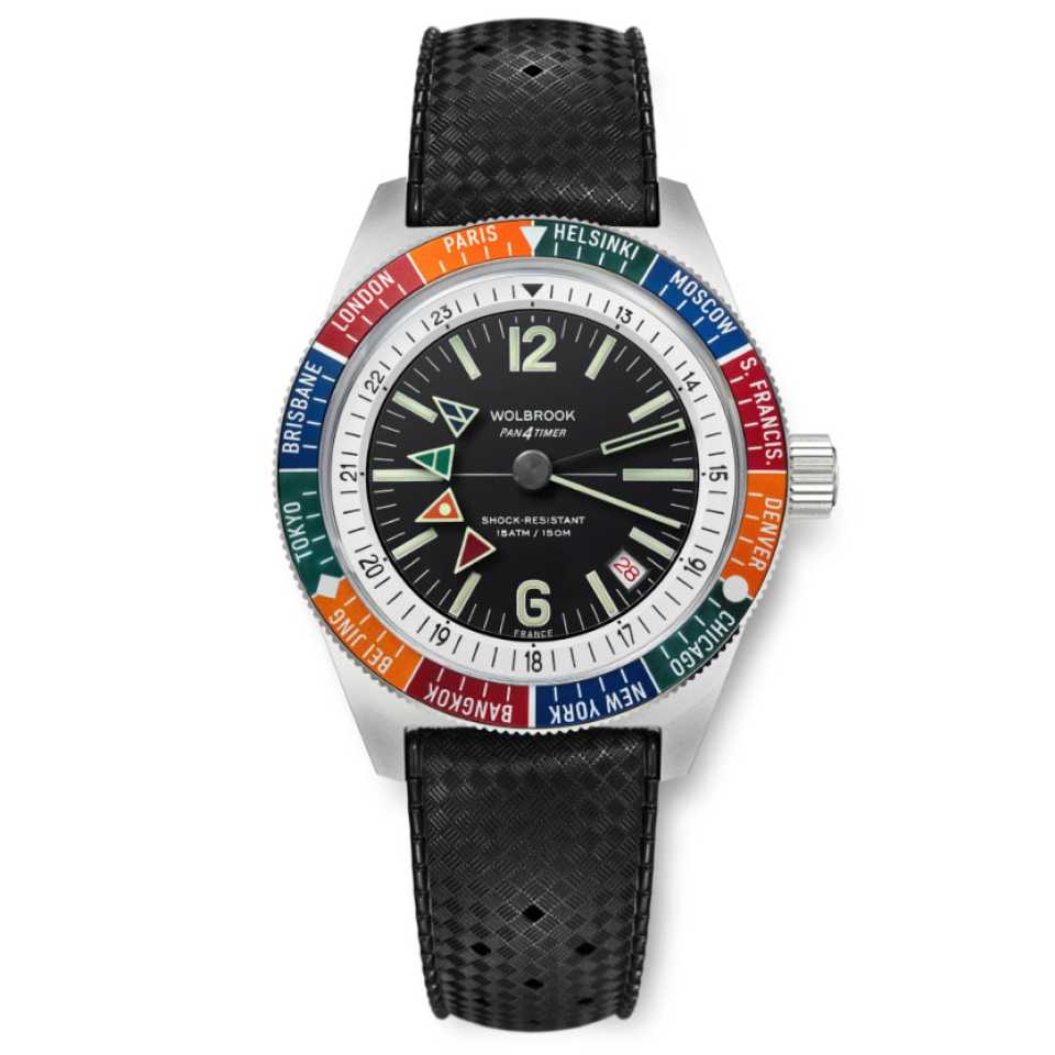 WOLBROOK - OROLOGIO AUTOMATICO PAN4TIMER CINTURINO IN CAUCCIU' NERO